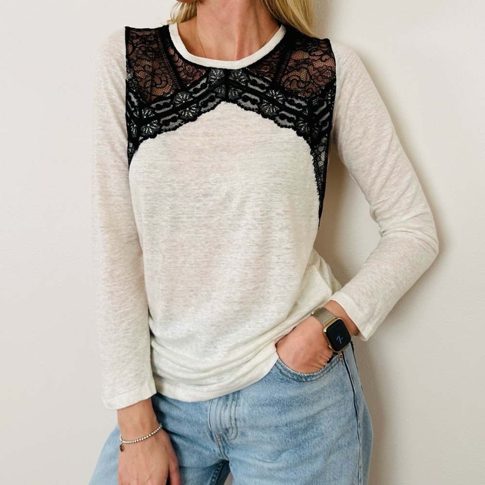 Sandro white linen black floral lace long sleeve T-shirt blouse top - Picture 4 of 10